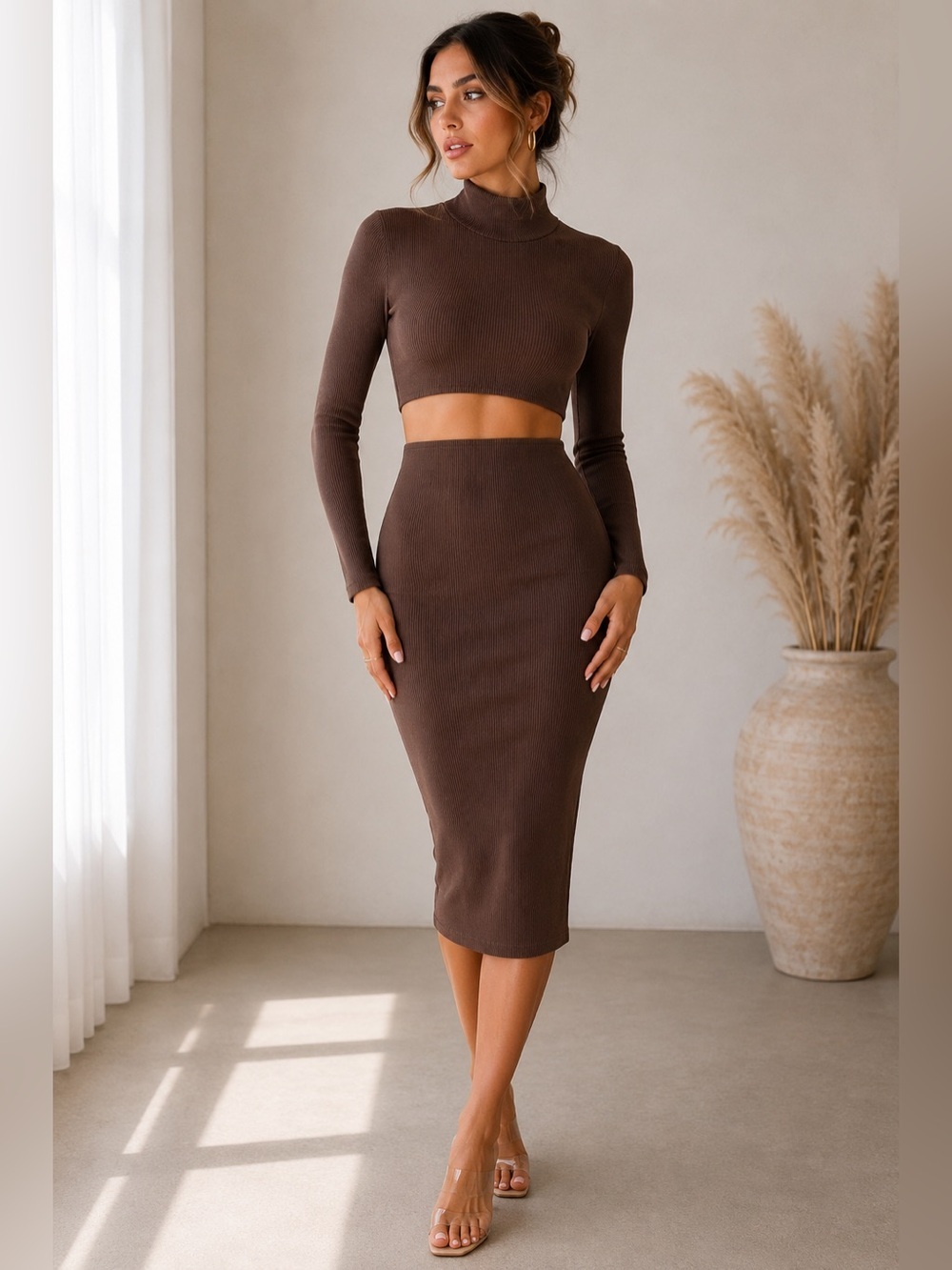 BAYSE Brown Ribbed Cutout Long Sleeve Body on Midi Dress S